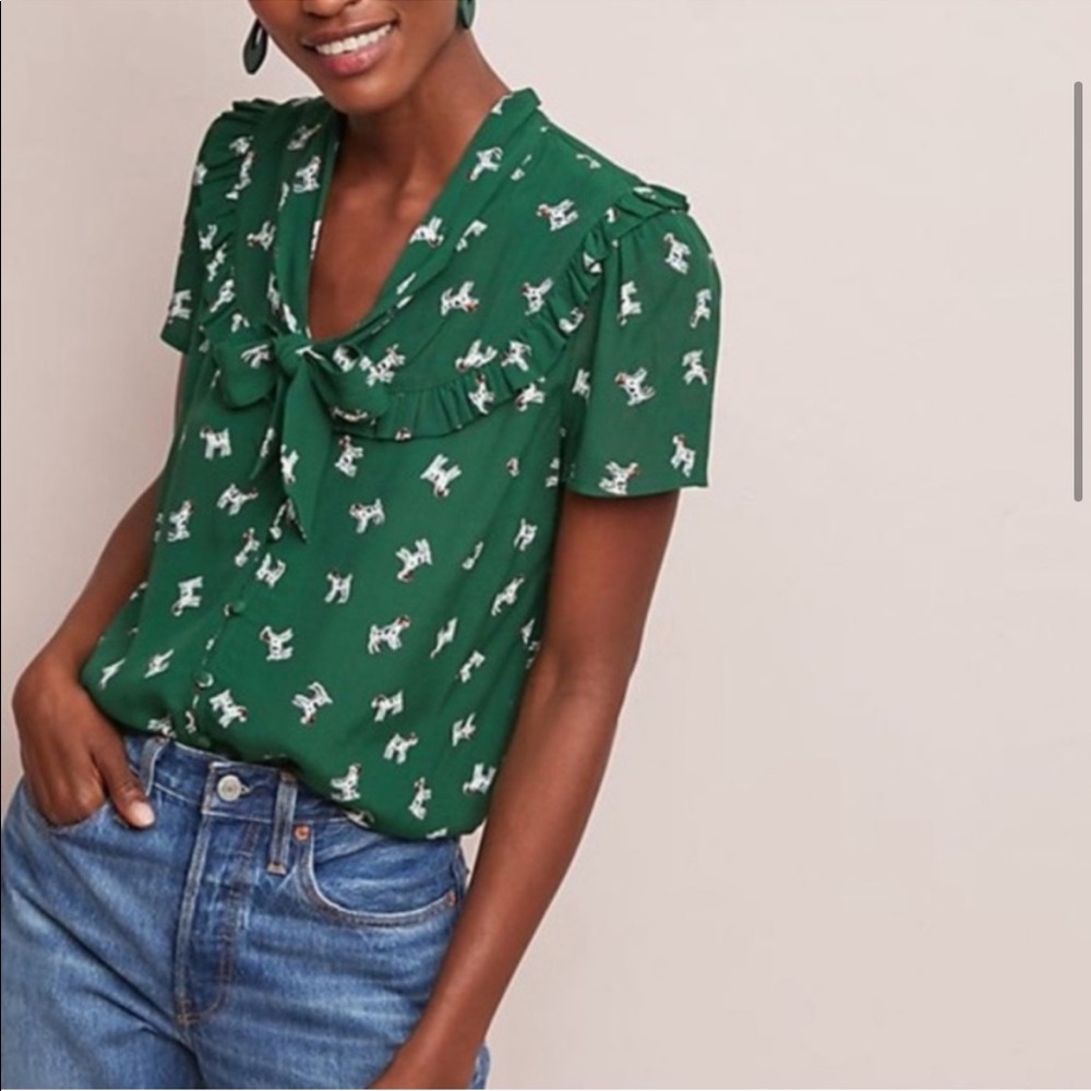 Anthropologie Maeve Green Jack Russell Dog Blouse